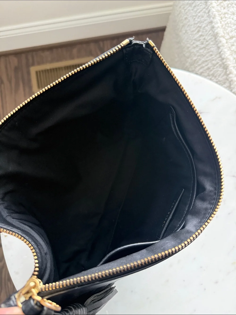 Tory Burch Black Quilted Leather Tassel Zip Clutch